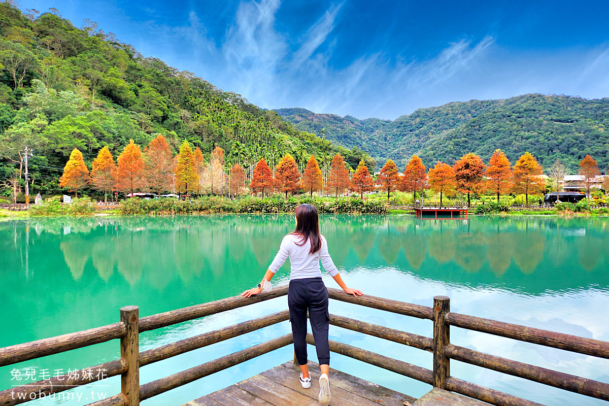 宜蘭落羽松【望龍埤】綠色湖水、紅色曲橋搭配湖畔落羽松就是美，宜蘭員山免費景點 @兔兒毛毛姊妹花