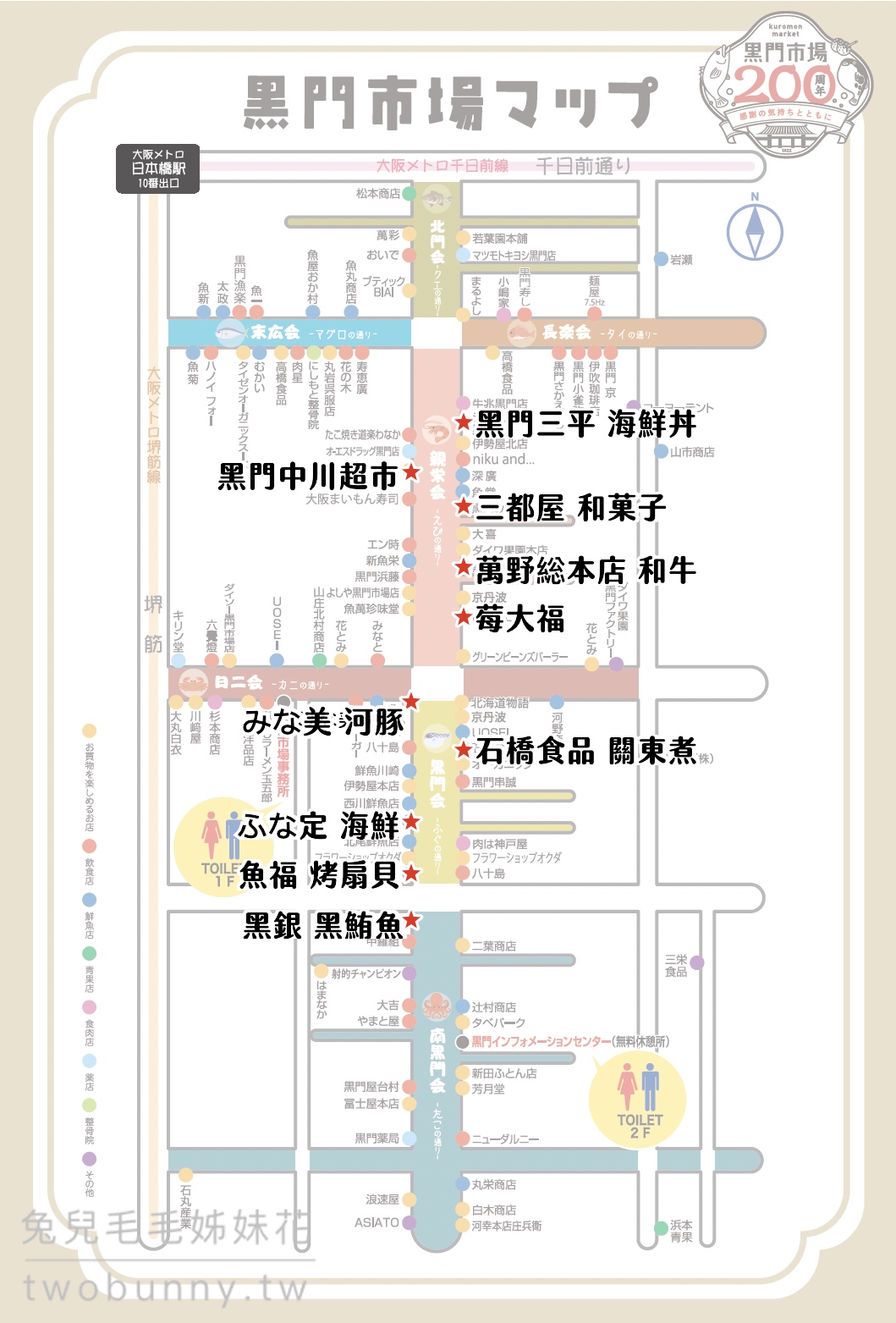 大阪美食【黑門市場】必吃美食TOP10，攤位地圖、必逛超市、交通方式全攻略 @兔兒毛毛姊妹花