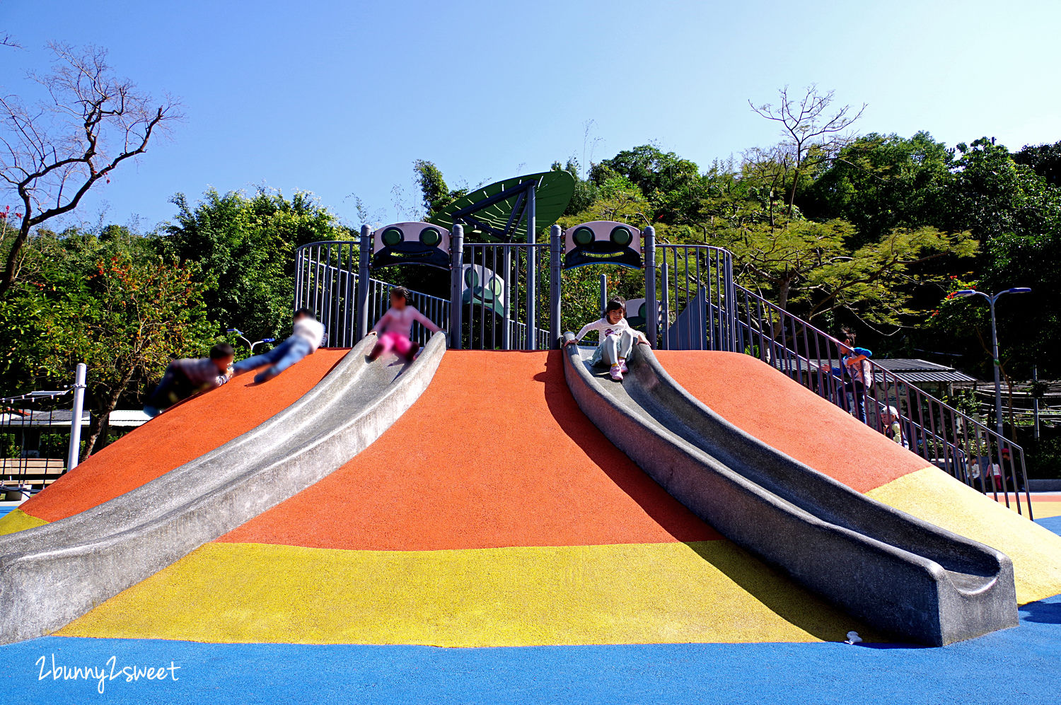 台北特色公園》象山公園 (中強公園) 樹蛙歷險記兒童遊戲場～X 型和蜘蛛攀爬網x山丘攀岩溜滑梯x瘋狂震盪搖滾盤x親子同樂T字鞦韆～信義區免費遛小孩好去處｜免費景點｜捷運淡水信義線｜捷運象山站 @兔兒毛毛姊妹花