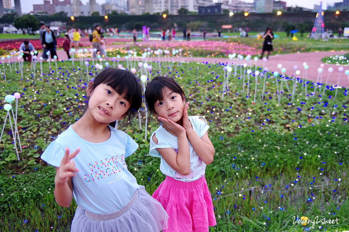 [台北。親子景點] 板橋蝴蝶公園地景花海｜板橋蝴蝶花園-光之饗宴~白天遊花海、晚上賞光雕，50 萬顆燈泡打造光影彩蝶、玫瑰蝶廊、蝴蝶城堡～2019 最浪漫的 IG 美拍景點｜交通及停車資訊 @兔兒毛毛姊妹花