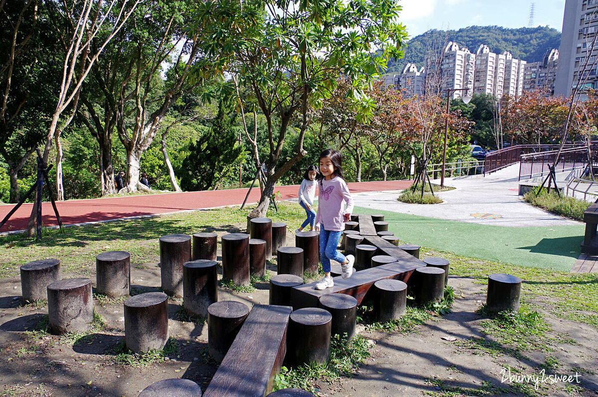 台北特色公園》南港公園 森林冒險玩遊戲場～飛鳥溜索、樹屋溜滑梯、攀爬旋轉盤、天網大沙坑～依山傍水環境清幽的超大公園，適合闔家野餐、玩耍、運動、休閒｜免費親子景點｜捷運板南線景點｜捷運昆陽站景點 @兔兒毛毛姊妹花